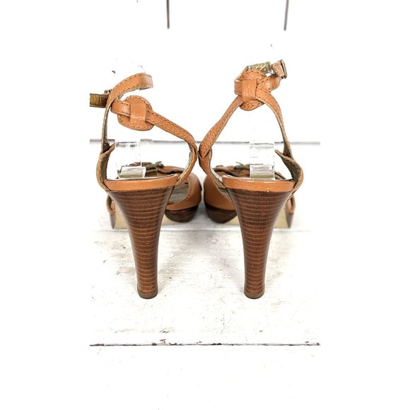 Marc Fisher tan brown leather high heel buckle open toe ankle strap sandals 6.5 - Picture 4 of 8